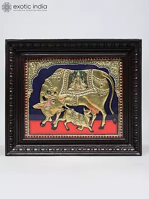 Divine Cow with Calf | Traditional Colors with 24 Karat Gold | Tanjore Painting with Frame