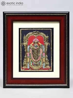 Lord Tirupati Balaji Standing on Base | Traditional Colors with 24 Karat Gold | Tanjore Painting with Frame
