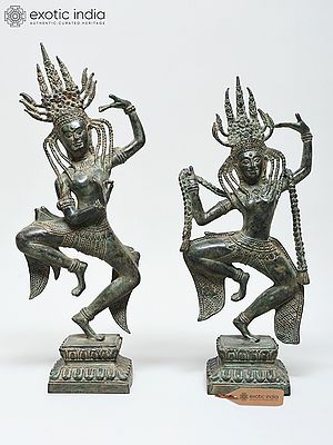 15" Cambodian-Khmer Apsara Duo - Traditional Temple Dance Figures