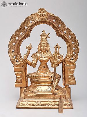 5" Small Goddess Rajarajeshvari (Tripura Sundari) Seated on Kirtimukha Throne | Bronze Statue