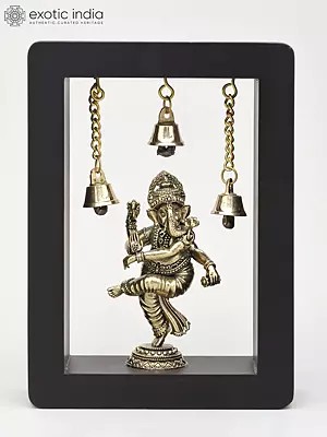 7" Dancing Ganesha in Wood Frame | Brass Idol | Wall Hanging