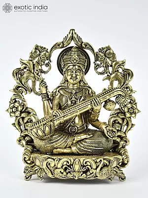 4" Small Four Armed Goddess Saraswati | Brass Statue