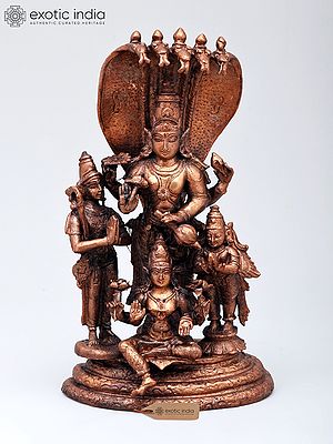 8" Standing Lord Vishnu with Devi Lakshmi, Garuda and Narada Muni | Copper Statue