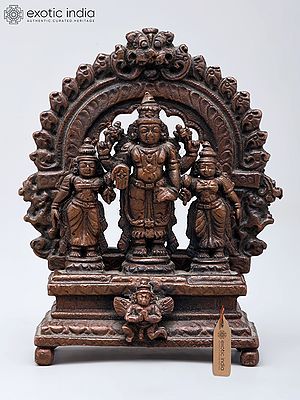3" Small Standing Lord Vishnu with Sridevi and Bhudevi with Kirtimukha Arch | Copper Idol