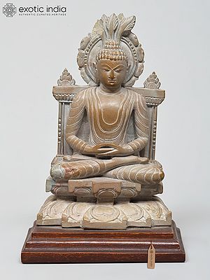 7" Lord Buddha Seated in Dhyana Mudra | Sandstone and Wood Sculputre | Made in India