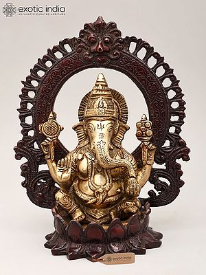 10" Brass Chaturbhuja Lord Ganesha Idol with Kirtimukha Arch