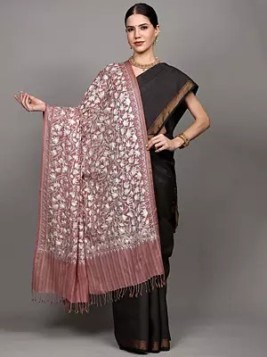 Wool Shawl from Amritsar with Chain Stitch Thread Embroidered Leaves Vine