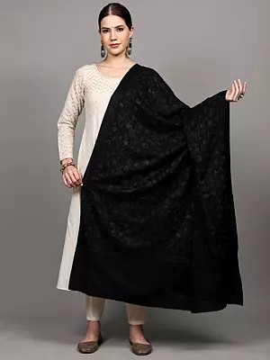 Wool Shawl from Amritsar with Chain Stitch Thread Embroidered Leaves Vine