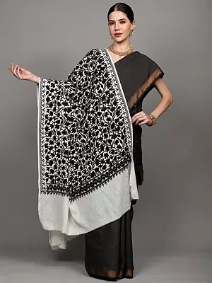 Wool Shawl from Amritsar with Chain Stitch Thread Embroidered Leaves Vine