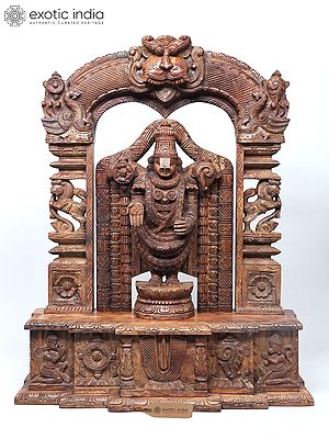 44" Tirupati Balaji (Venkateshvara) with Garuda and Hanuman | Wooden Statue