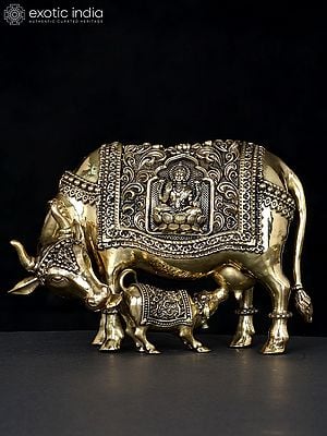 7" Superfine Divine Cow and Calf with Lakshmi Ganesha Engraving | Brass Statue