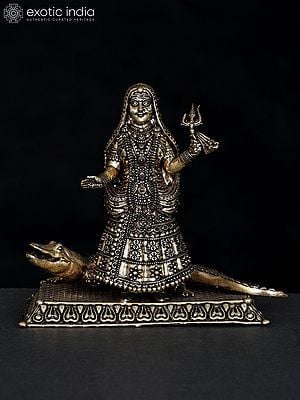 5" Small Superfine Goddess Ganga with Her Vahana Makar | Brass Statue