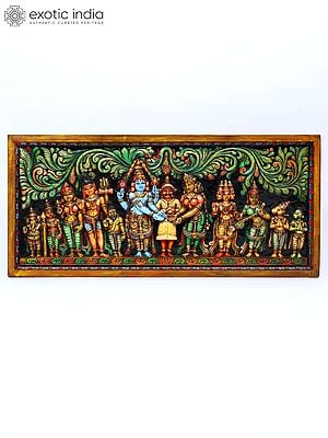 50" Large Srinivasa Kalyanam | Wood Carved Colorful Panel | Wall Hanging