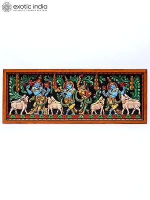 58" Large Venugopal Krishna | Wood Carved Colorful Wall Hanging Panel