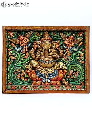 33" Chaturbhuja Ganesha | Wood Carved Wall Hanging Panel