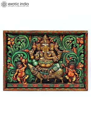 33" Lord Ganesha Seated on Mushak | Wood Carved Colorful Panel | Wall Hanging