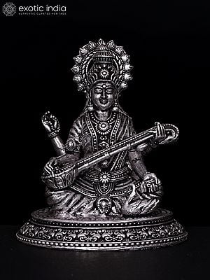 3" Small Superfine Four Armed Goddess Saraswati | Silver Plated Brass Statue