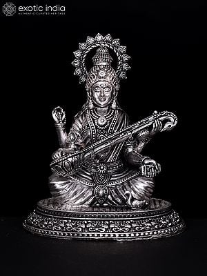 4" Small Superfine Devi Saraswati | Silver Plated Brass Statue