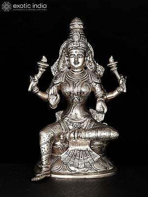 8" Four Armed Blessing Goddess Lakshmi | Silver Plated Brass Statue