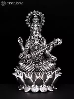 6" Small Superfine Devi Saraswati Seated on Lotus | Silver Plated Brass Statue