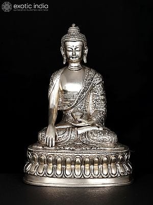 8" Lord Buddha Seated in Earth-Touching Gesture | Silver Plated Brass Statue