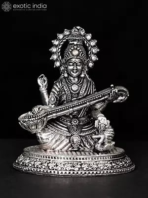 2" Small Superfine Devi Saraswati Playing Veena | Silver Plated Brass Statue