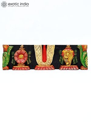 19" Vaishnava Symbols - Chakra, Tilak and Conch | Wood Carving | Wall Hanging