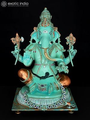 20" Turquoise Colored Four Armed Blessing Lord Ganesha | Brass Statue