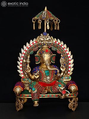 17" Bhagawan Ganapati Idol Seated on Kirtimukha Throne | Brass Statue with Inlay Work