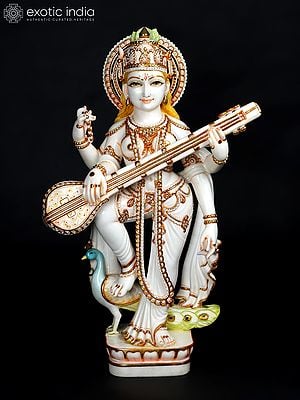 36" Large Standing Goddess Saraswati Playing Veena | White Marble Statue