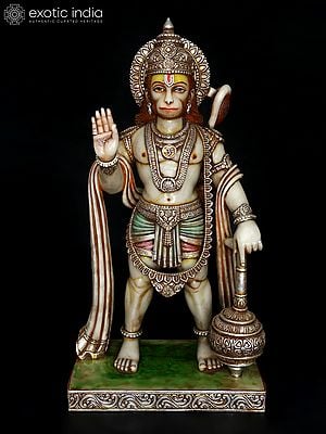 44" Standing Bajarangabali Hanuman in Blessing Gesture | White Marble Statue