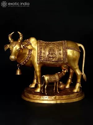 34" Large Size Cow and Calf with Lakshmi Ganesha Carving | Brass Statue