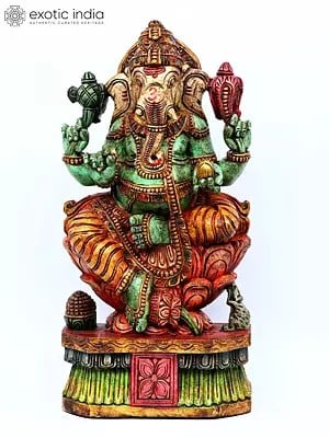 30" Colorful Four Armed Lord Ganesha Seated on Lotus | Wood Carving