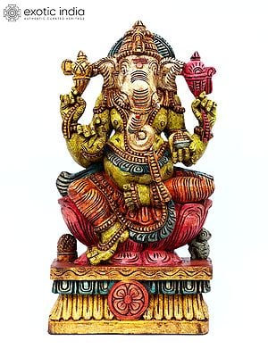 24" Chaturbhuja Lord Ganesha Seated on Lotus | Wood Carving