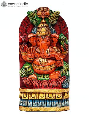 12" Blessing Lord Ganesha with Kirtimukha | Wood Carving | Wall Hanging