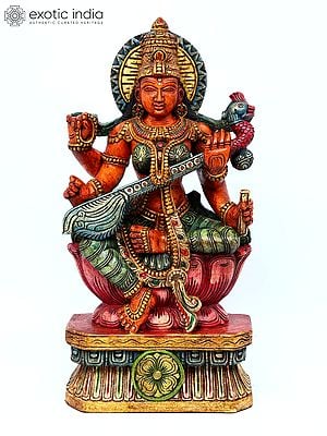 24"Goddess Saraswati Seated on Lotus | Wood Carving