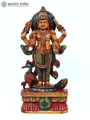 24" Colorful Standing Lord Murugan (Karttikeya) | Wood Carving