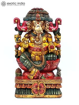 24" Colorful Three Headed Lord Ganesha | Wood Carving