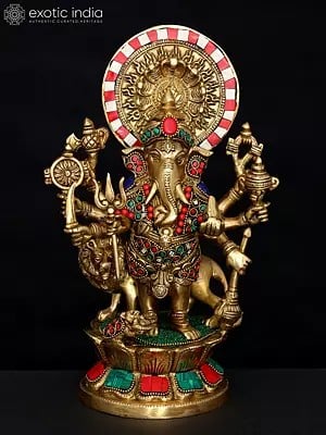 11" Drishti Ganesha Statue in Brass with Inlay Work