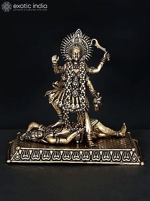 4" Small Superfine Goddess Kali Standing on Lord Shiva | Brass Statue