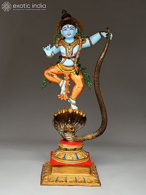 26" Colored Lord Krishna Dancing on Kaliya Naag | Brass Statue