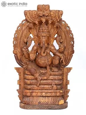 48" Large Lord Ganesha Seated on Sheshnag with Kirtimukha Arch | Wood Carving