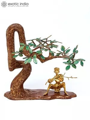 18" Lord Krishna Brass Statue Playing Flute Under The Tree