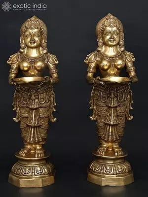 36" (Large Size) Pair of Deeplakshmi In Brass