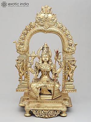 17" Goddess Rajarajeshvari (Tripura Sundari) Seated on Kirtimukha Throne | Hoysala Bronze Statue