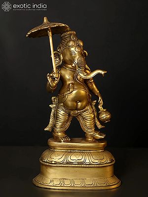 14" Lord Ganesha Idol with Umbrella | Brass Statue