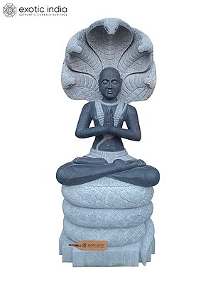 77" Large Namaste Patanjali Sculpture in Silent contemplation Beneath 5 Headed Serpent From Tamil Nadu | Black Granite Stone