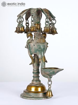 12" Brass Ganesha Lamp with Bells | Ritual Item