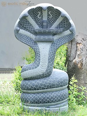 58" Large Black Granite Stone Statue of Sheshnag with Shiva Linga