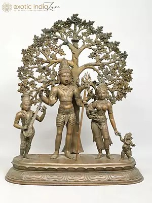 41" Large Size Shiva Family Standing Under the Tree | Madhuchista Vidhana (Lost-Wax) | Panchaloha Bronze from Swamimalai